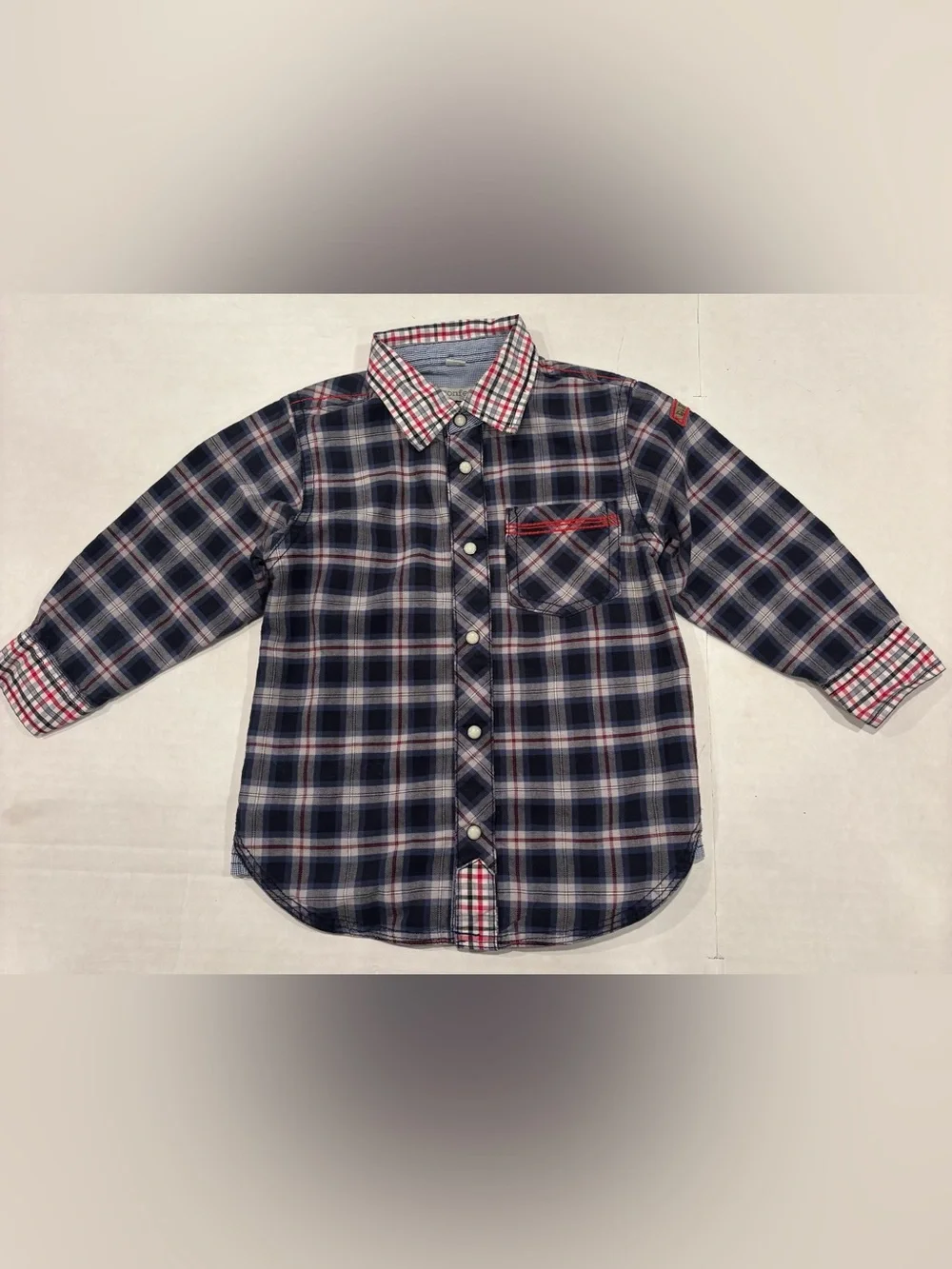 Children's Navy Plaid Button-Down Shirt with Red Accent